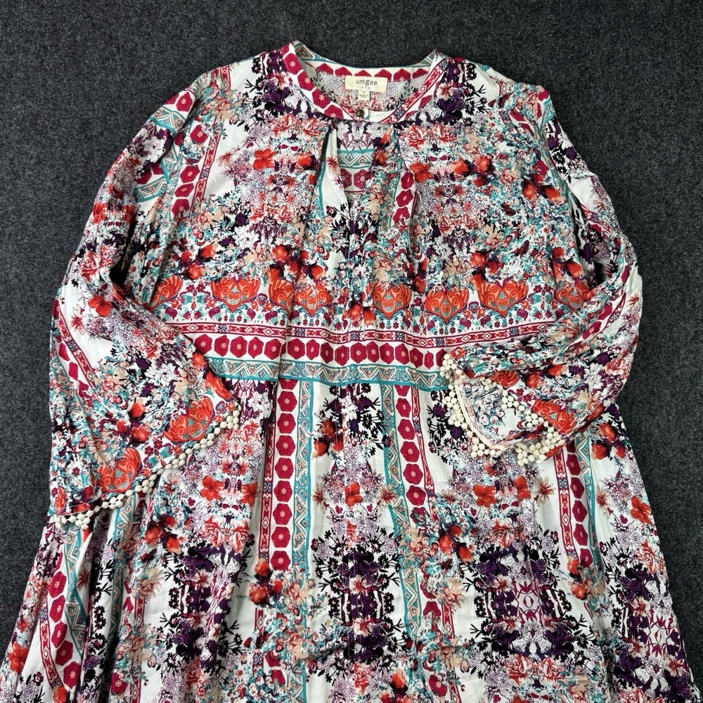 Umgee Womens Small Boho Floral Tunic Dress Pom Pom Trim Bell Sleeve Festival